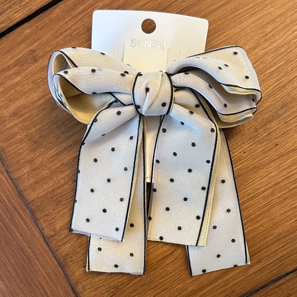 Polka Dot Hair Bow - Cream and Black